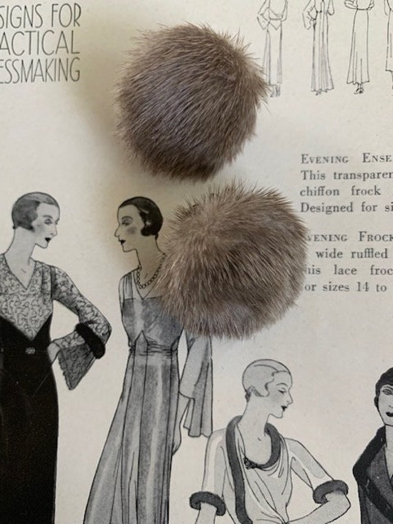 Mink Fur Vintage Button Earrings, Mink Fur Earring