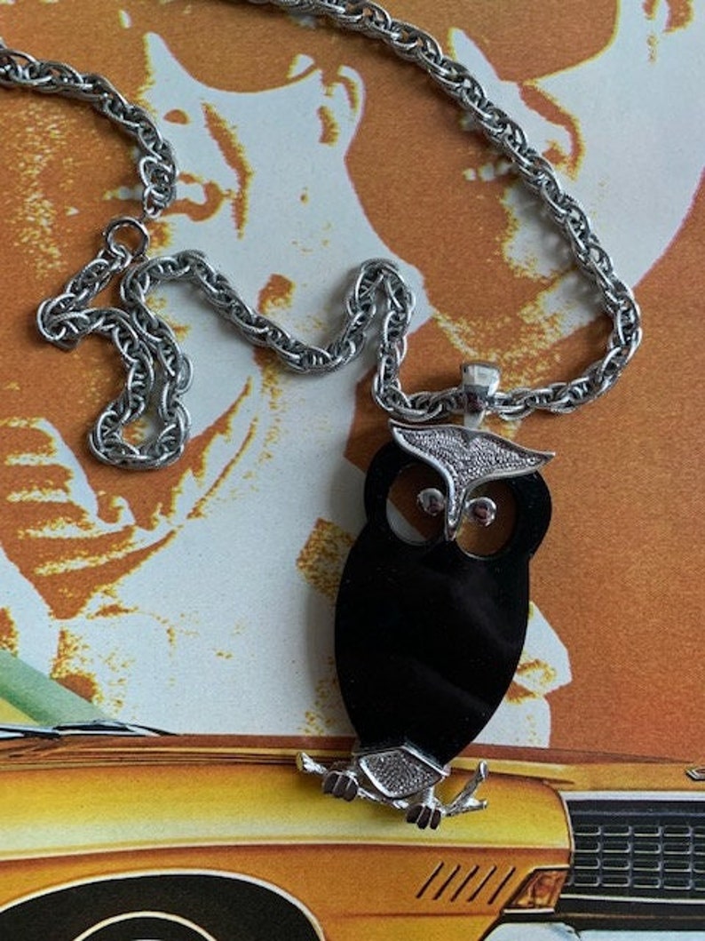 Vintage Parklane Stamped Owl Pendant, Vintage Owl Pendant, Black and Silver Owl Pendant, Vintage Owl Pendant, Owl Jewelry image 1