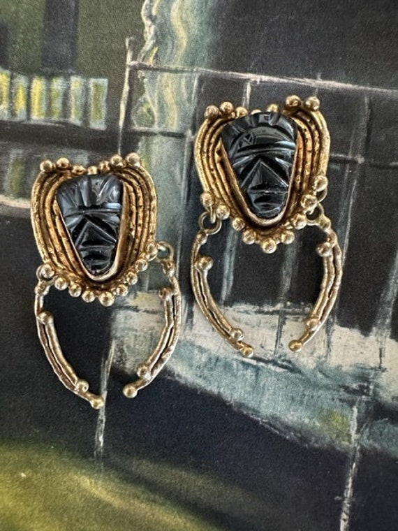 Brutalist Gold Brass Tribal Face Black Onyx Earrin