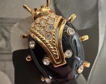 Vintage Christian Dior Ladybug Brooch, Gold Tone Rhinestone