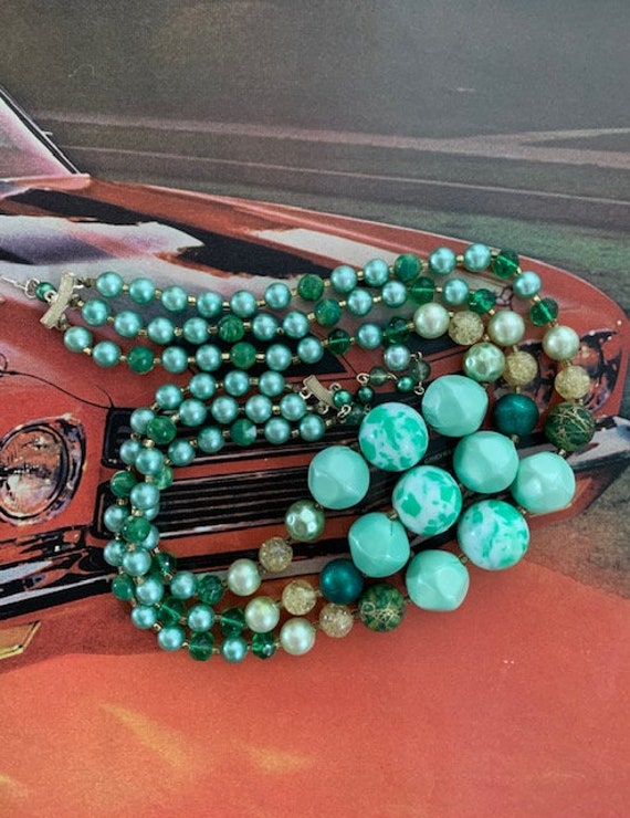 50s 3-Strand Beaded Margarita Mint Necklace, 50s … - image 3