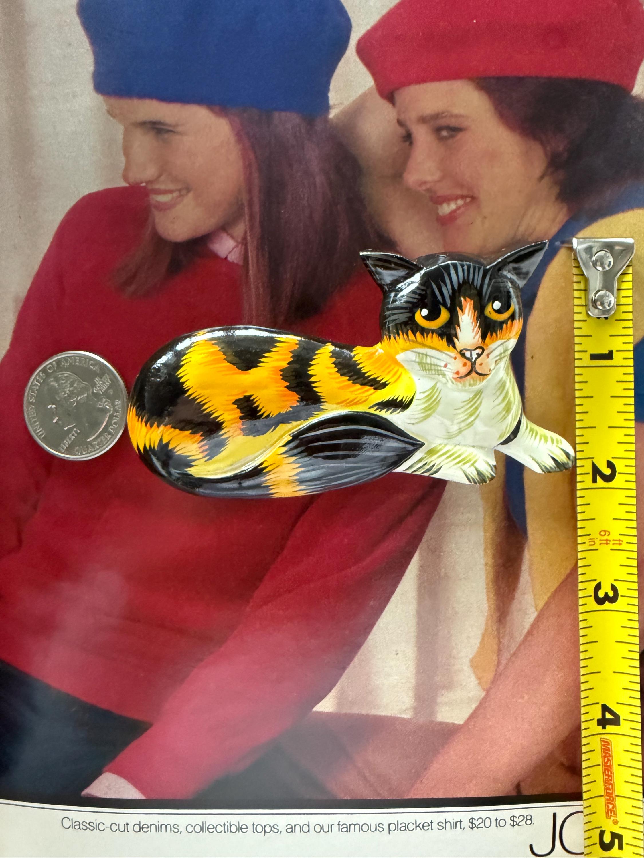 1980s Hand Painted Wooden Cat Brooch Calico Kitty Folk Art Vintage ...