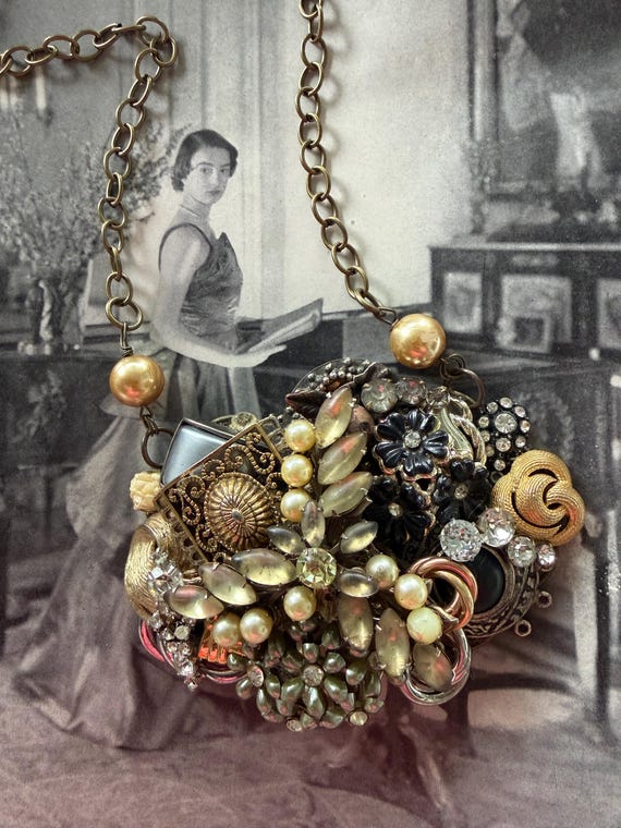 1950s Assemblage Statement Necklace Chunky Repurp… - image 1