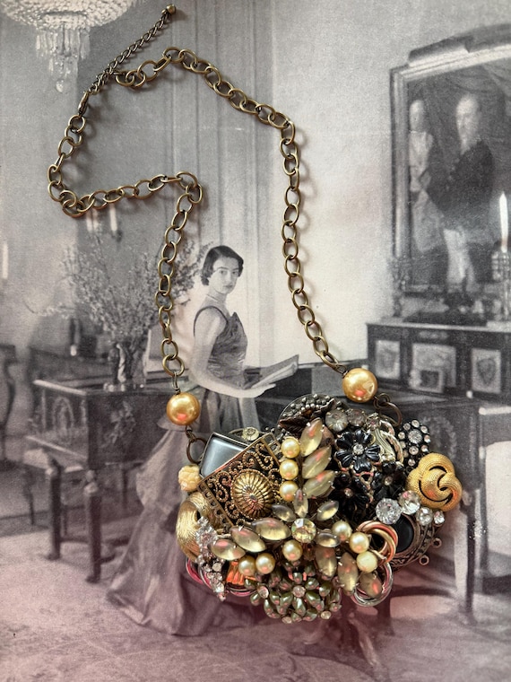 1950s Assemblage Statement Necklace Chunky Repurp… - image 9