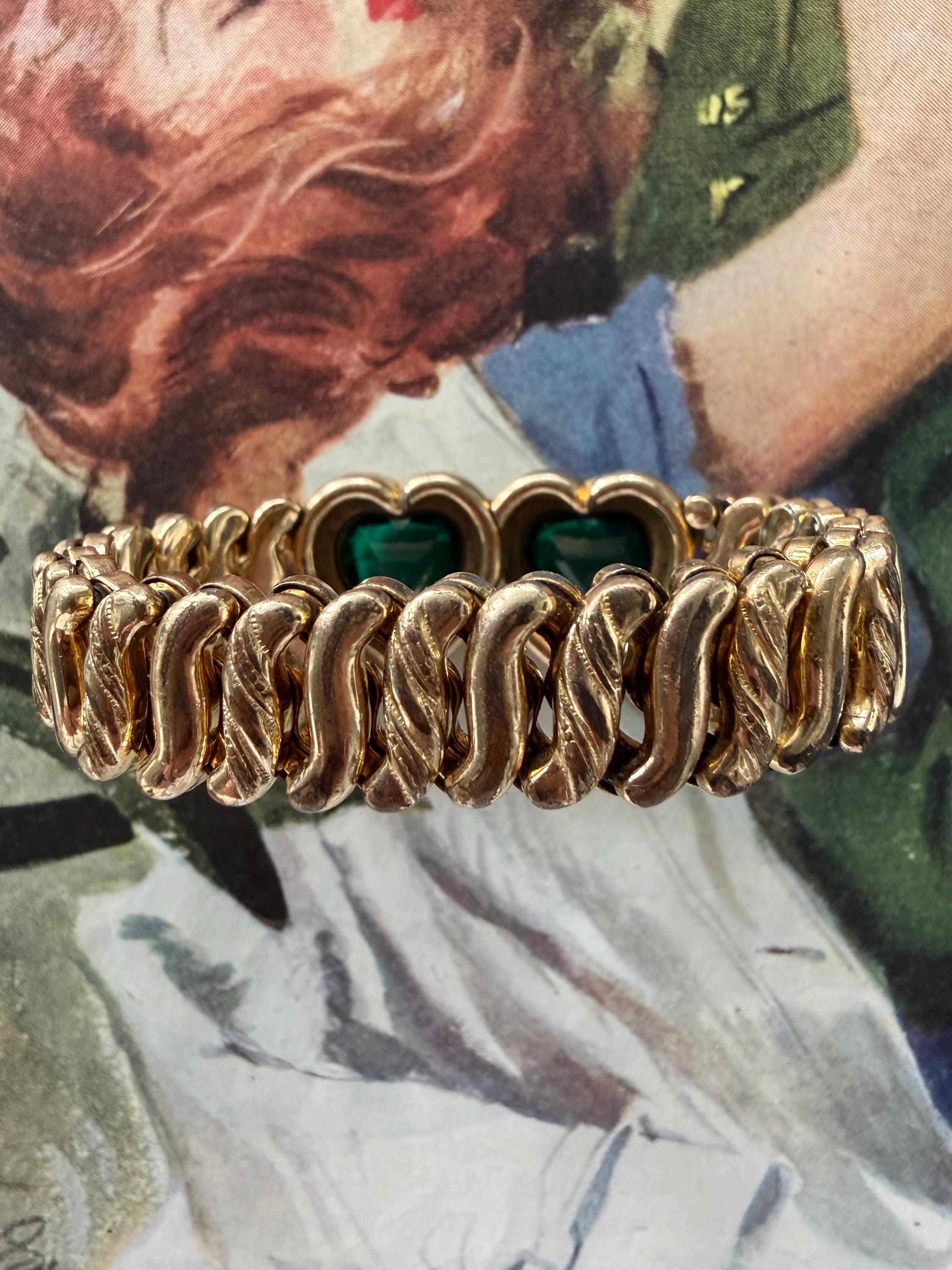 1940s Double Green Sweetheart Expansion Bracelet Carmen DFB Signed