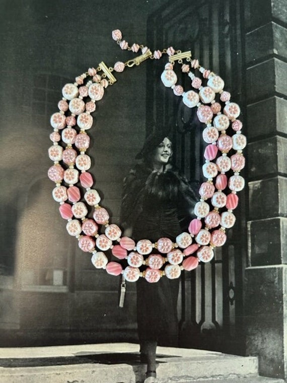 50s 3-Strand Pink Flower Beaded Necklace, 50s 3-St
