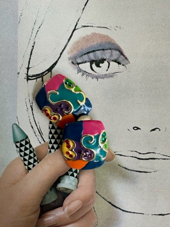80 Mega Colorful Enamel Clip on earrings with Rhi… - image 4