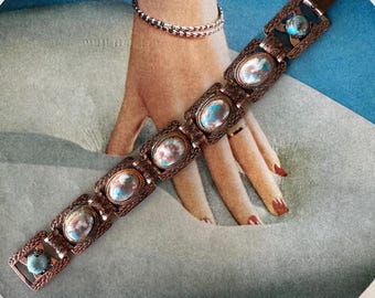 1960s Copper Panel Link Bracelet With Blue White Copper Glitter Lucite Cabochons Vintage Mid Century Jewelry