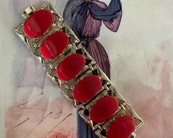 1950s Red Thermoset Chunky Panel Link Bracelet Gold Tone Wide Cabochon Statement Mid Century Modern Vintage Lucite Costume Jewelry