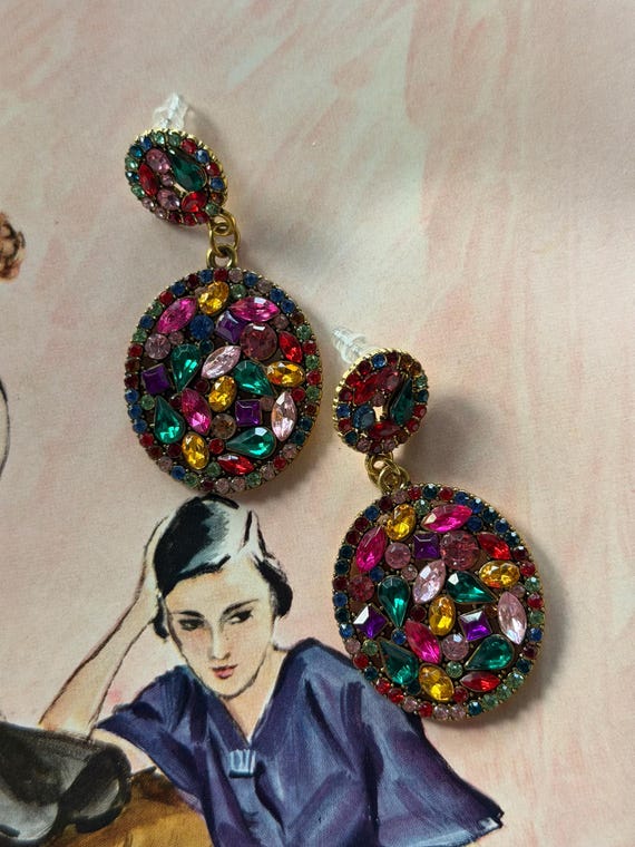 1980s Multicolor Crystal Statement Dangle Pierced… - image 2