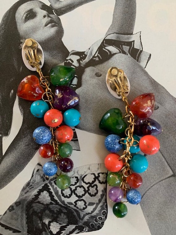 Dangle Drop Splatter Bead Earrings, 60s Earrings,… - image 3