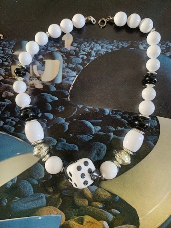 80s Black & White Beaded Necklace, 80s Dice Jewelry, … Gem