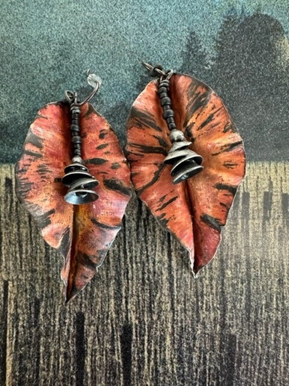 Copper Studio Art Earrings, Copper Leaf Dangle Ear