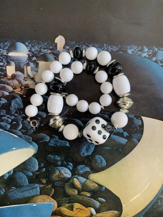 80s Black & White Beaded Necklace, 80s Dice Jewelry, … Gem