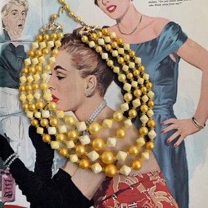 Buttery Popcorn 1960s Four Strand Tiered Celluloid Beaded Necklace, 4-Strand Yellow 60s Beaded Necklace, 60s Jewelry,60s Necklace