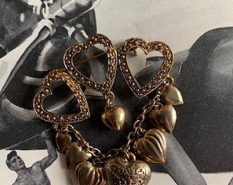 Sweetheart WWII Brooch with Eight Dangling Hearts & Three Ornate Hearts on Top, Sweetheart Pin, WWII Sweetheart Jewelry, Sweetheart Brooch