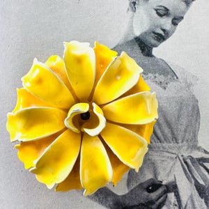 1960s Yellow Enamel Flower Brooch MCM Retro Mod Metal Floral Pin Vintage Mid Century Statement Jewelry Gift for Her