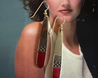 1980s Laurel Burch Signed Enamel Dangle Pierced Earrings Gold Tone Red Geometric Fish Hook Vintage Modernist Designer Jewelry