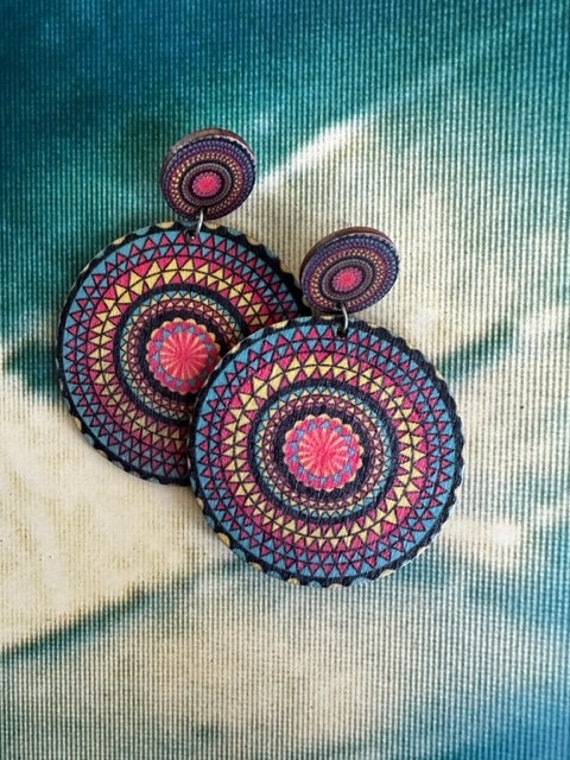 70s Mega Spirograph pattern Dangle Earrings, 70s … - image 5