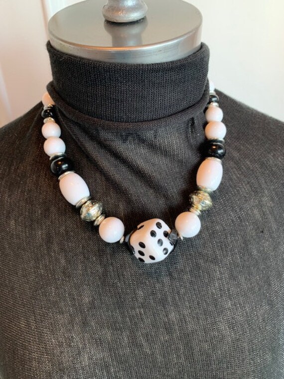 80s Black & White Beaded Necklace, 80s Dice Jewelry, … Gem