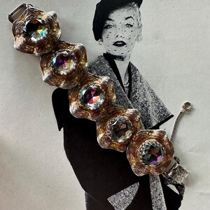 1960s Gold Tone Ripple Textured Iridescent Crystal Panel Link Bracelet With Large Vintage Statement Jewelry Mid Century Bold Gift