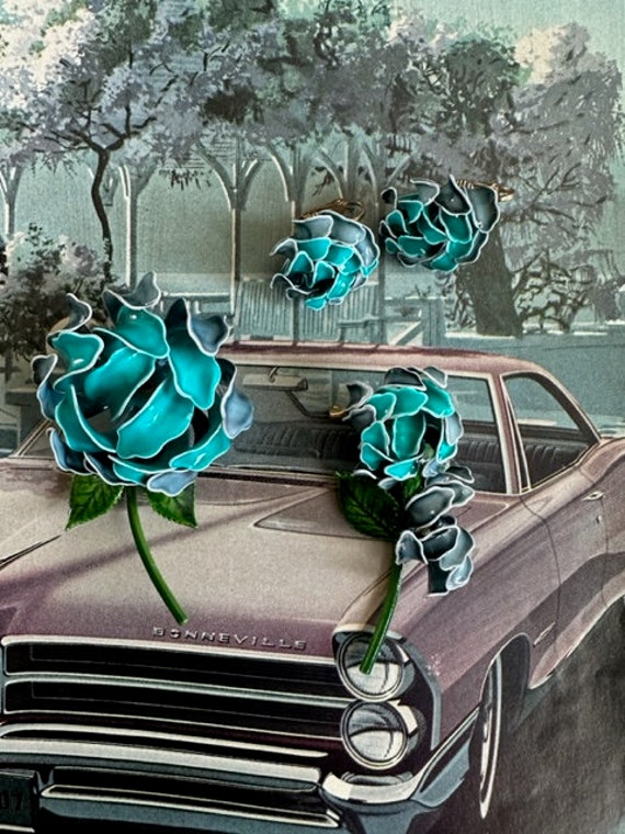 1960s Teal Blue Enamel Flower Brooch & Clip On Earrings Matching Set Mid Century Floral Retro Garden Pins Vintage Statement Jewelry