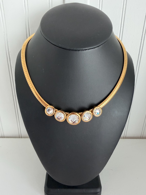 1990s Swarovski Signed Crystal Omega Choker Necklace Gold Tone Sliding Crystal Vintage Designer Statement Jewelry View 3