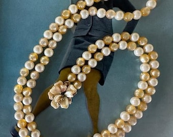 1960s Marvella Signed Yellow Moon Glow Bead Faux Pearl Double Strand Necklace Floral Box Clasp Vintage Mid Century Spring Jewelry