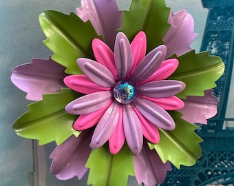 1960s Enamel Flower Brooch Lavender Pink Green Mod Metal Pin Vintage Layered Floral Jewelry Retro Spring Accessory Pristine Condition