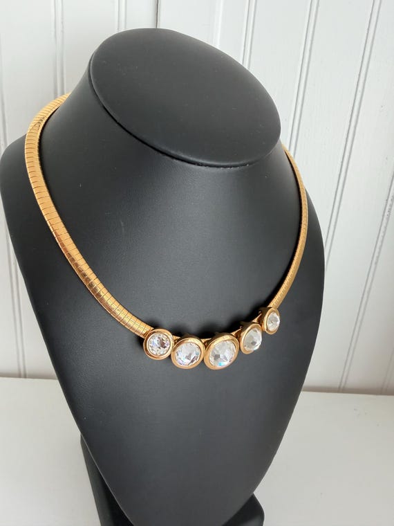 1990s Swarovski Signed Crystal Omega Choker Necklace Gold Tone Sliding Crystal Vintage Designer Statement Jewelry View 6