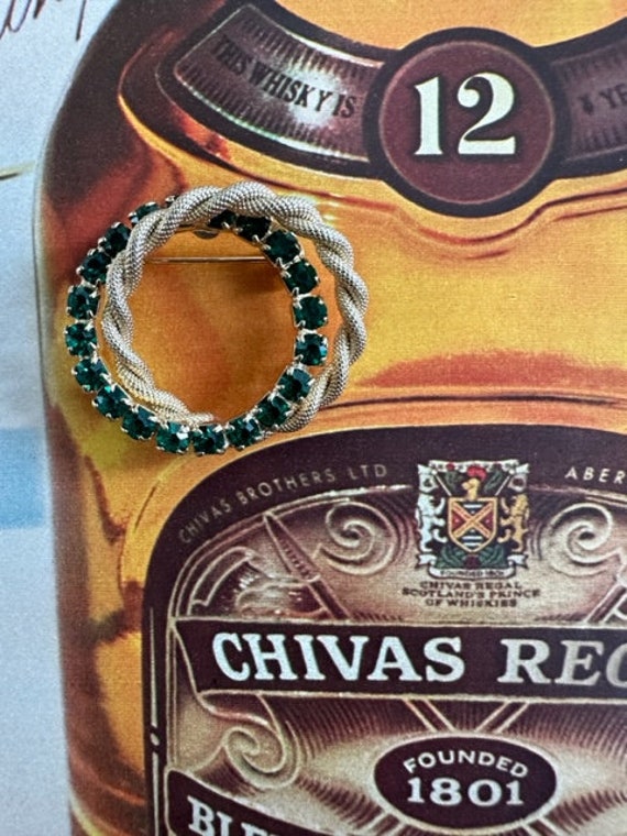 Vintage Emerald Green Rhinestone & Gold Circle Br… - image 7
