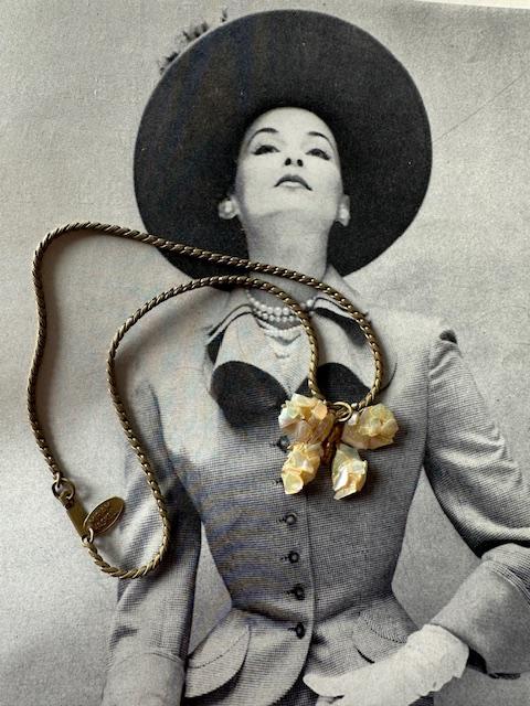 1970s Miriam Haskell Signed Vintage Butterfly Necklace MOP Chips Brass Chain Gift - Rare Patent Design Morher of Pearl Jewelry