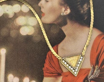 1970s Christian Dior Signed Rhinestone Pendant Necklace Gold Tone Vintage Designer Jewelry