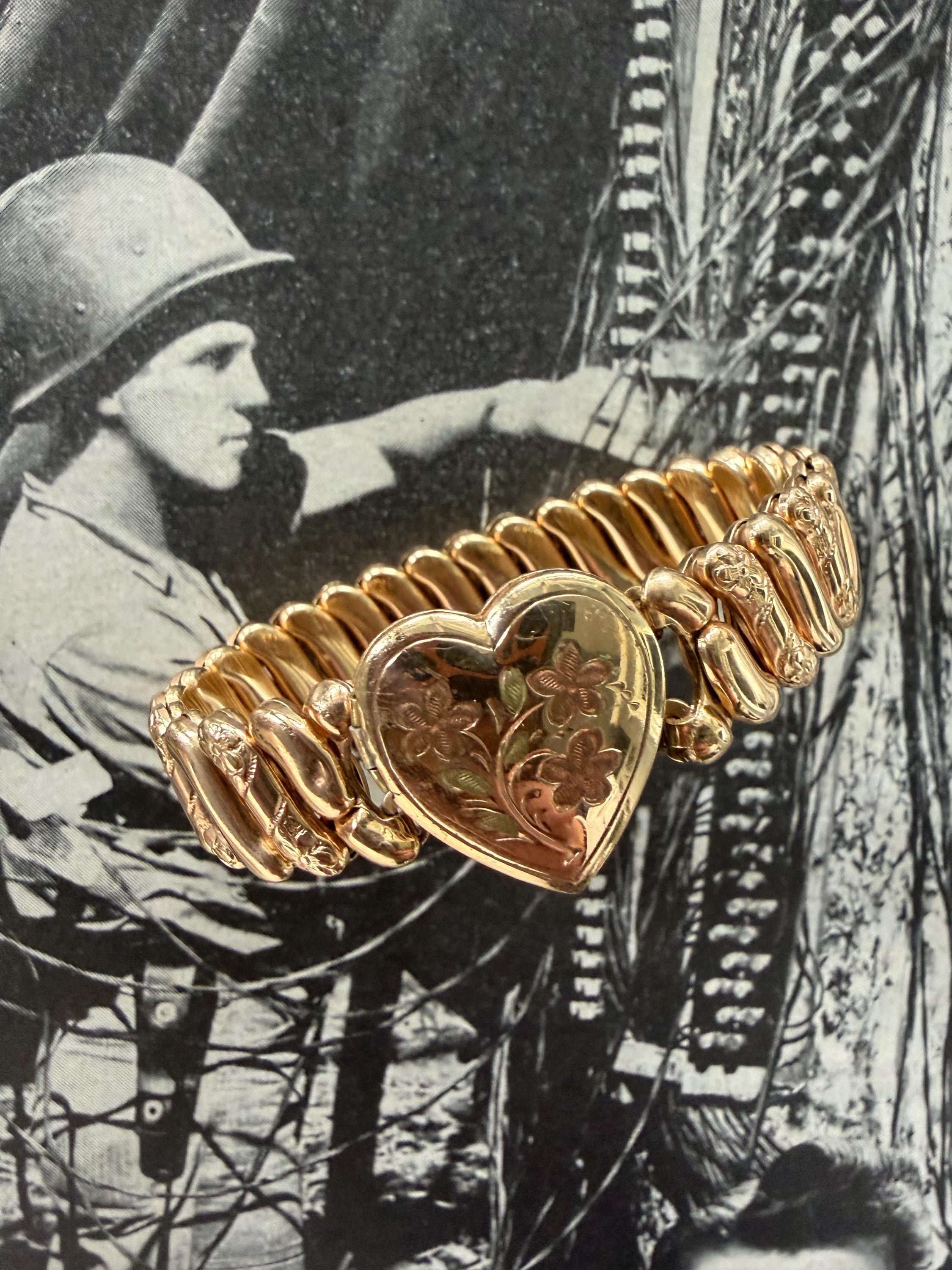 1940s Locket Sweetheart Expansion Bracelet M Signed Vintage Gold