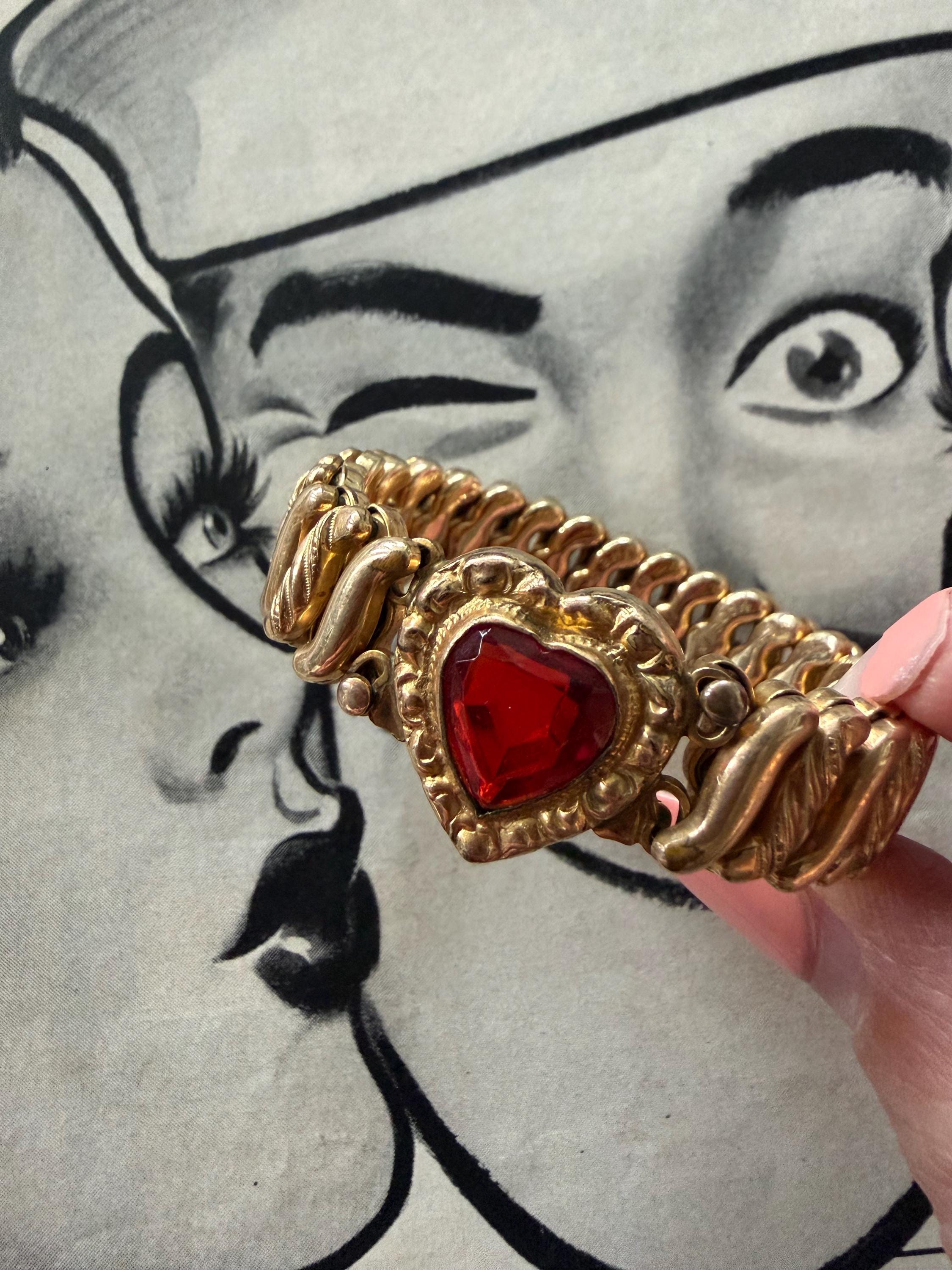 1940s Red Sweetheart Expansion Bracelet DFB Carmen Signed Vintage 