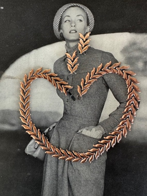 1950s Renoir Signed Copper Leaf Necklace & Earrings Mid Century
