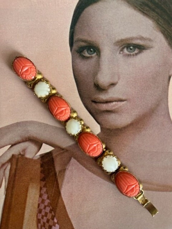 Mid Century Chunky MOP and Faux Coral Cabochon Li… - image 1