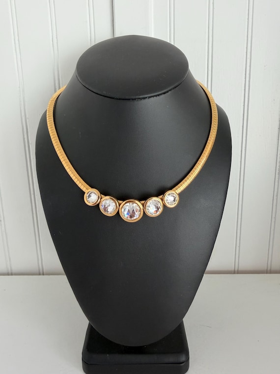 1990s Swarovski Signed Crystal Omega Choker Necklace Gold Tone Sliding Crystal Vintage Designer Statement Jewelry View 2