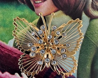 1970s Monet Signed Butterfly Brooch Gold Tone Openwork Rhinestone Pin Vintage Collectible Animal Insect Bug Gift Jewelry