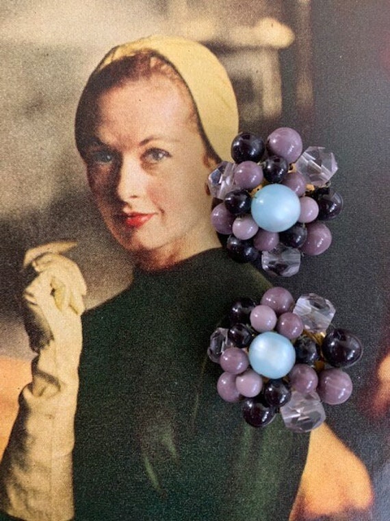 Purple and Moon Glow Baby Blue Cluster Earrings, C