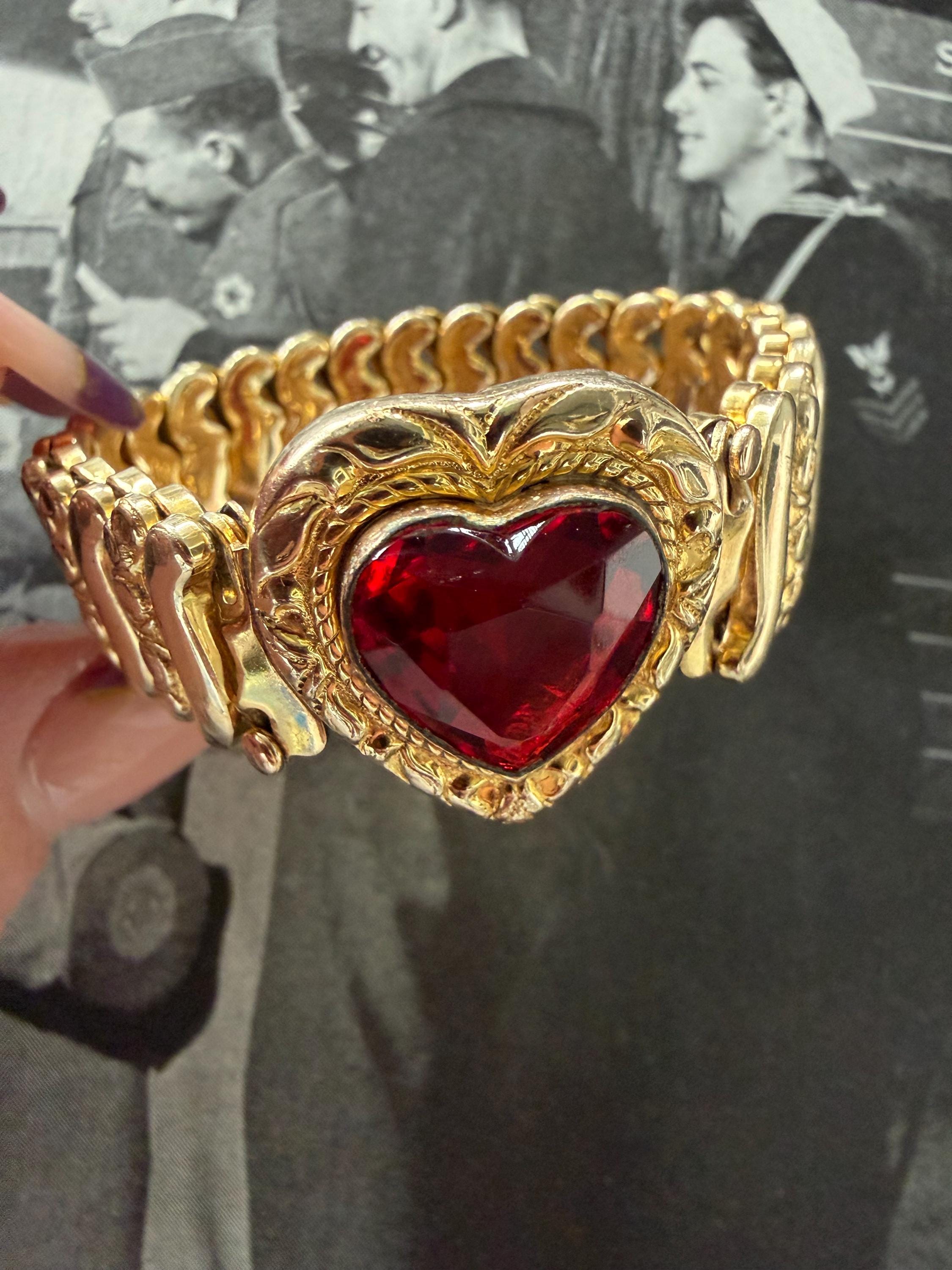 1940s Red Sweetheart Expansion Bracelet Victoria Signed Vintage