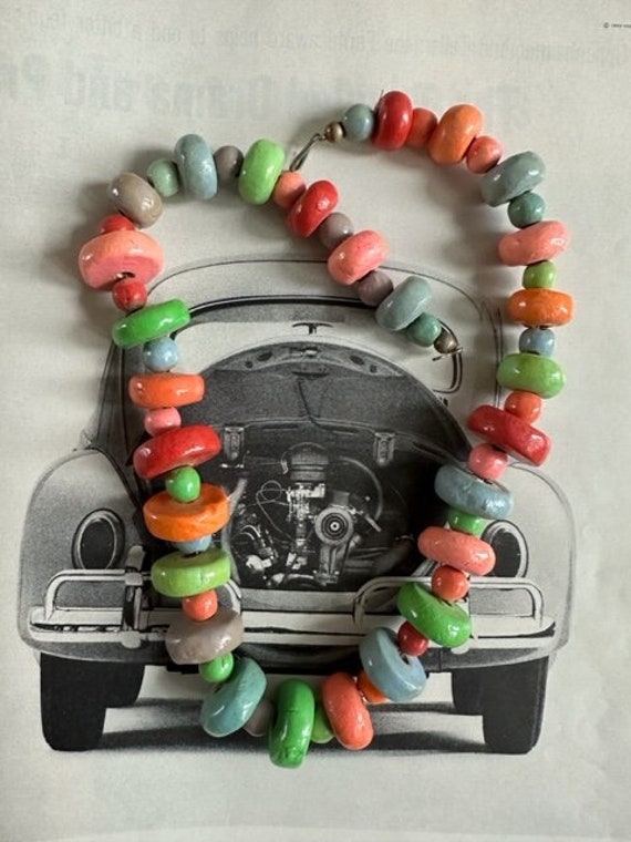 70s Handmade Clay Beaded Necklace,Vintage Bright … - image 3