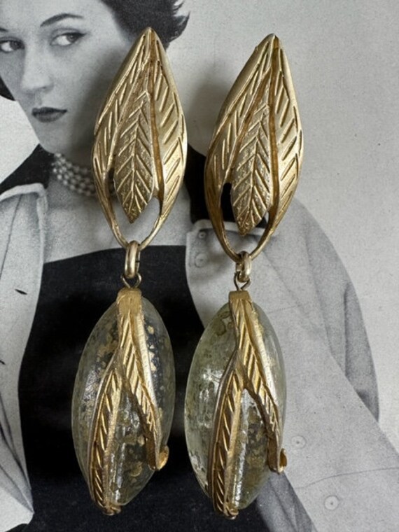 80s Mega Italian Glass Dangle Earrings with Gold … - image 2