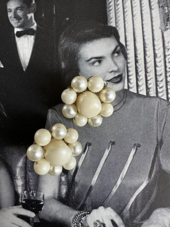 50s Pearl Cluster Earrings, 50s Pearl Button Earri