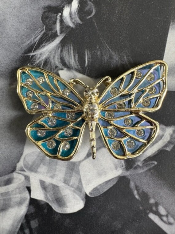 60s Iridescent Enamel and Gold Butterfly Pin, Rhi… - image 4