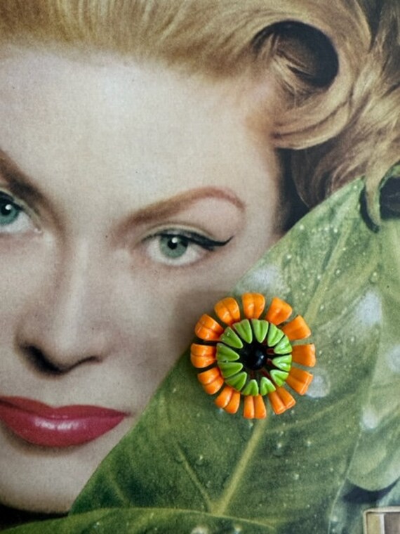 60s Orange and Green Flower Pin, 60s Flower Pins,… - image 2