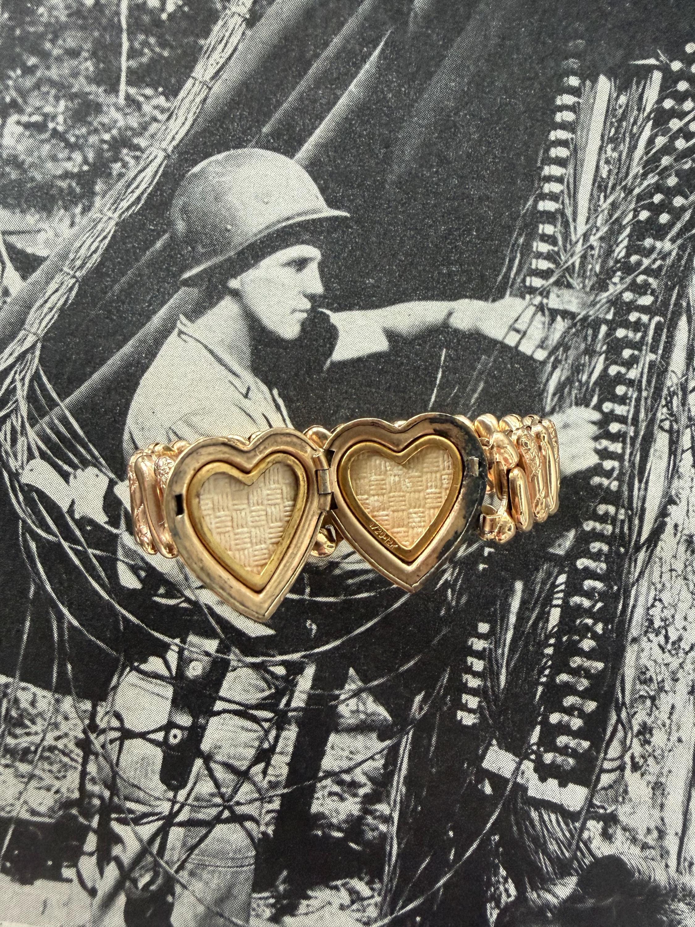 1940s Locket Sweetheart Expansion Bracelet M Signed Vintage Gold
