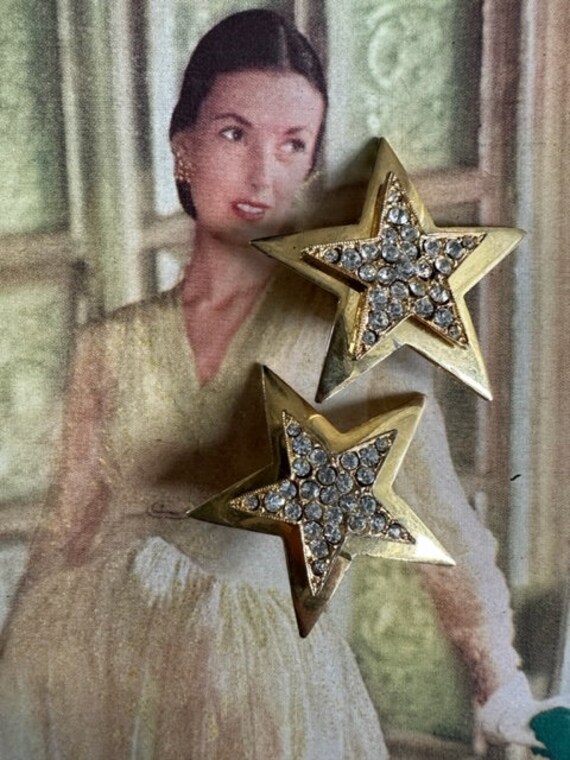 80s Gold Star Earrings with Rhinestones, Gold Star