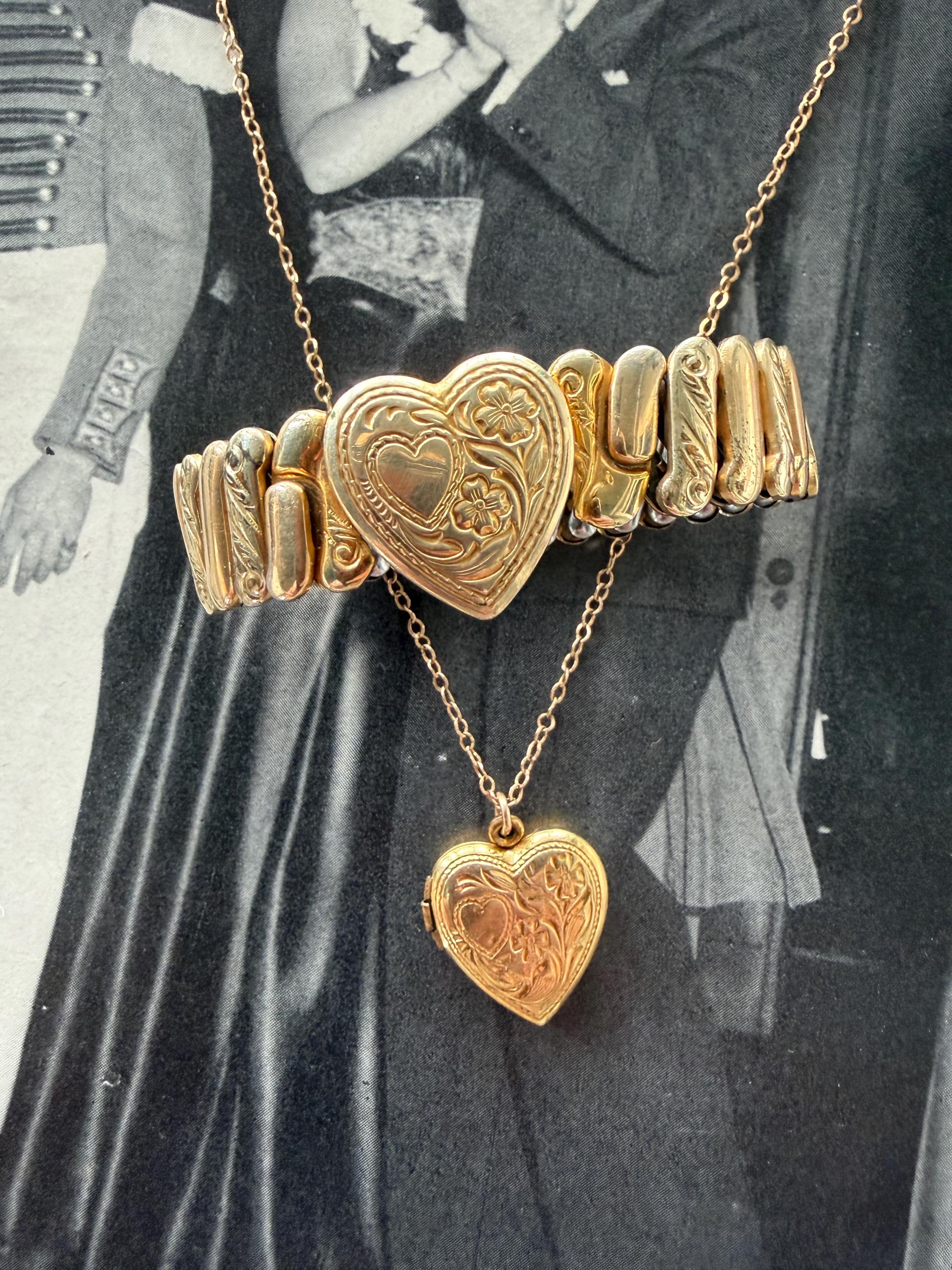 1940s Locket Sweetheart Expansion Bracelet With Matching Pendant