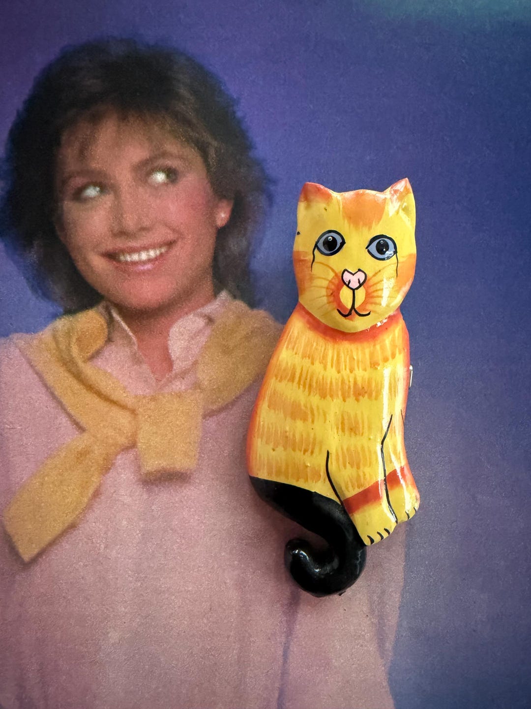 1980s Hand Painted Wooden Cat Brooch Vintage Folk Art Tabby Kitty Pin ...